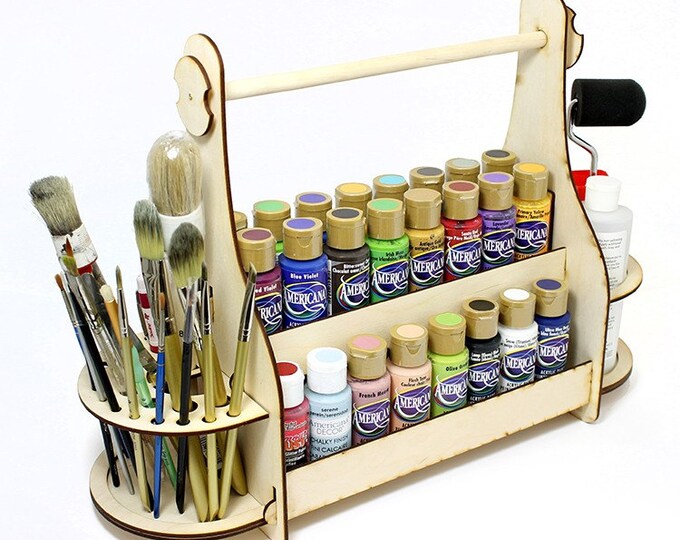Craft Paint Storage Organizer, Plywood Caddy Painting Supplies Organizer, Paint and Brushes
