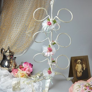 Shabby Chic Wedding Bottle Rack: Distressed White Metal Floral Decor