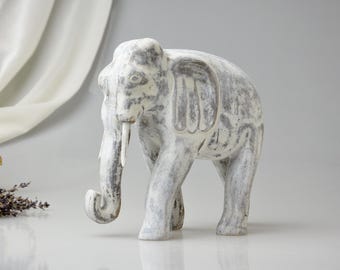 Distressed White Wooden Elephant Figurine: Shabby Chic Cottage Decor