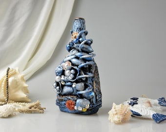 Hand-Painted Seashell Art Bottle: Navy Beach Cottage Decor
