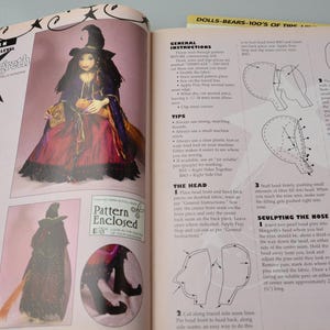 May include: A magazine page with instructions on how to make a witch doll. The doll is wearing a black dress and a witch's hat. The page includes a pattern for the doll's head and instructions on how to sculpt the nose.