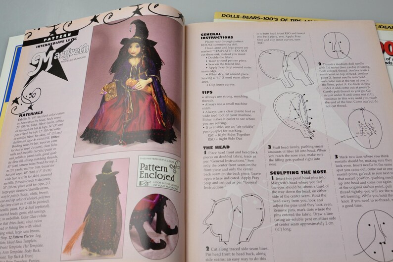 May include: A magazine page with instructions on how to make a witch doll. The doll is wearing a black dress and a witch's hat. The page includes a pattern for the doll's head and instructions on how to sculpt the nose.