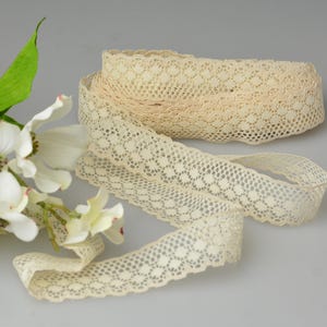 May include: Cream-coloured lace ribbon, rolled and unrolled, featuring a delicate openwork design. The ribbon is next to a sprig of white dogwood flowers with green leaves, against a light grey background.