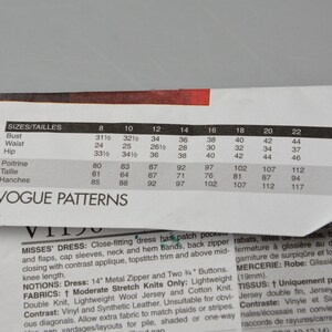May include: Vogue Patterns sewing pattern with size chart. The chart shows bust, waist, and hip measurements in inches for sizes 8 through 22. The pattern includes instructions for a close-fitting dress with patch pockets.