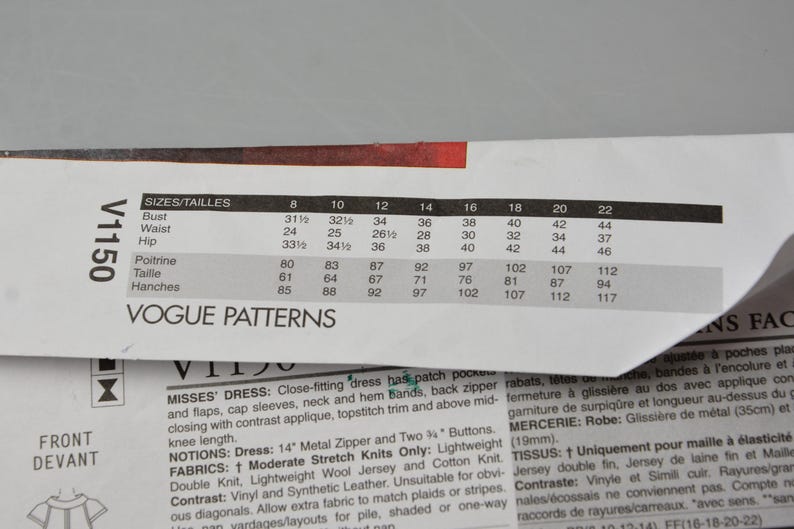 May include: Vogue Patterns sewing pattern with size chart. The chart shows bust, waist, and hip measurements in inches for sizes 8 through 22. The pattern includes instructions for a close-fitting dress with patch pockets.