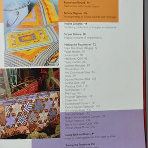 May include: A contents page from a book detailing patchwork projects. Titles include "Round and Round," "Ninety Degrees," and "Stripes Galore." The background shows examples of colourful patchwork designs.
