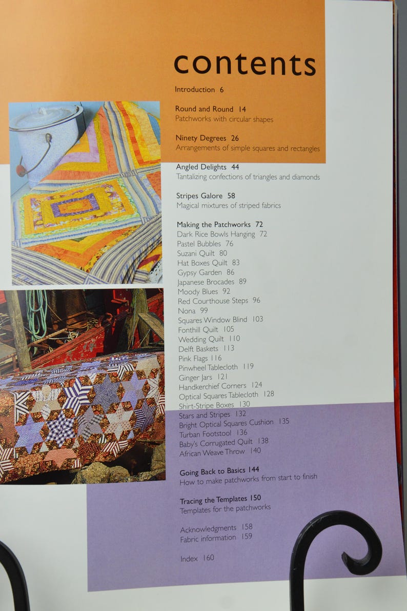 May include: A contents page from a book detailing patchwork projects. Titles include "Round and Round," "Ninety Degrees," and "Stripes Galore." The background shows examples of colourful patchwork designs.