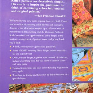 May include: A book cover titled "KAFFE FASSETT" with text about patchwork and quilting. The cover is purple with images of quilts and patchwork designs. The book includes instructions and designs for quilts and cushion covers.