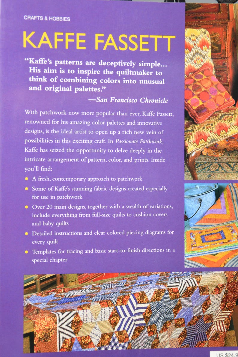 May include: A book cover titled "KAFFE FASSETT" with text about patchwork and quilting. The cover is purple with images of quilts and patchwork designs. The book includes instructions and designs for quilts and cushion covers.
