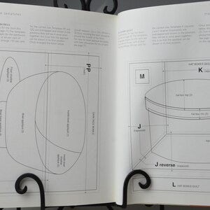 May include: Open book with diagrams for tracing templates. The left page shows a hat shape with labels like "Door side applied (2)". The right page has a hat box diagram with measurements and labels like "flat box top (2)".