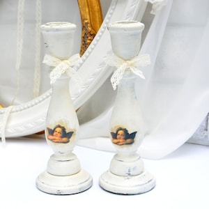 Pair White Shabby Chic Candlesticks Hand Painted Wooden Candle Holder with Angel Image Christmas Table Centerpiece Winter Holiday Home Decor