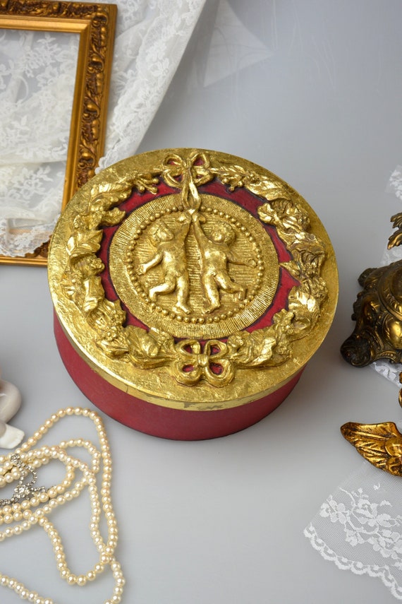Vintage Papier Mache Box: Hand Decorated Cherub Decor, Victorian Style