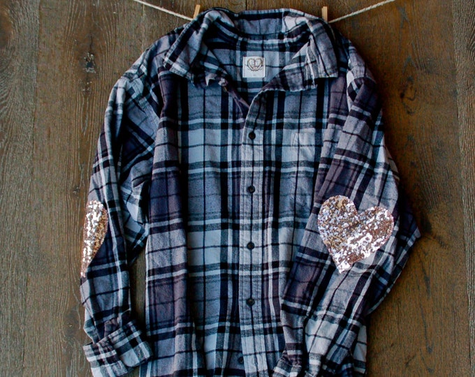 Sequin Heart Elbow Patch Flannel Shirt the Boyfriend Hipster Etsy