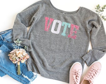 Sequin Vote Sweatshirt / Political Election Shirt/ Women's Sweatshirt / Pastel Shirt  / USA Election 2020 / Off the Shoulder / Patriotic