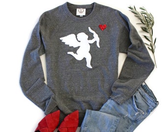 Valentine Shirt Women. Sequin Patch. Sweatshirt. Valentines Day Gift for Her. Heart Sweater. Cute Top. Cupid Shirt. Cherub. Off the Shoulder