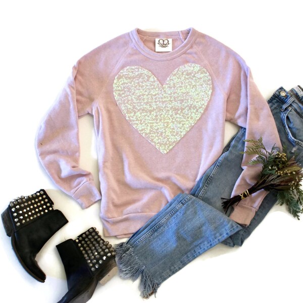 Sweater met hartpatch met lovertjes: Valentijnsdagcadeau, roze