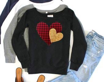 Valentines Day Sweatshirt / Sequin Flannel Top / Heart Sweater / Heart Shirt / Buffalo Plaid Heart / Valentine Gift / Girlfriend Gift Her