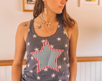 Camiseta sin mangas con aplique de estrella patriótica – Hecha a mano, con espalda nadadora del 4 de julio