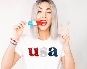 Sequin USA Shirt, Retro 4th of July Tee, Patriotic Concert Top