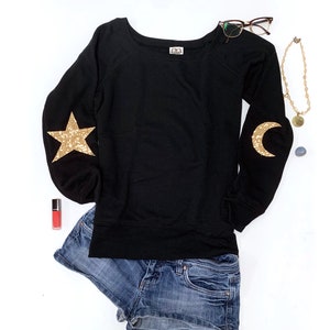 Sequin Star Moon Shirt Womens / Sequin Sweatshirt / Celestial Clothing / Elbow Patch Top / Halloween Shirt Women / Gifts for Women / Zodiac