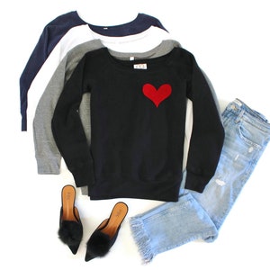 Valentines Day Shirt Women / Velvet Heart Patch / Valentine Shirt / Off the Shoulder / Sweatshirt / I Love You / Valentine Gift / Girlfriend