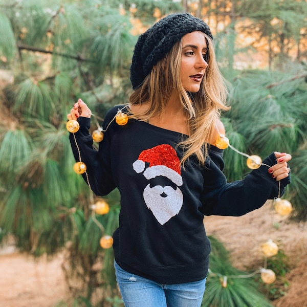 Sequin Christmas Sweater / Ugly / Sweatshirt / Shirt / Santa Claus Face / Holiday Shirts / Gifts For Women / Her / Off Shoulder / Plus Size