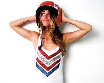 Sequin Patriotic Tank Top – 4th of July Chevron, Handmade