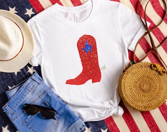 Sequin Cowboy Boot Womens 4th of July Shirt. Patriotic. America Tee. USA Tank Top. July 4th Tank. Red White Blue. Western Tee. Cowgirl