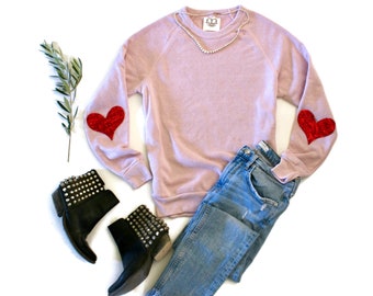 Valentine Shirt Women. Sequin Heart Elbow Patch. Heart Sweater. Pink Sweatshirt. Valentine's Day Gift Her Wife. Love Shirt. Girlfriend Gift