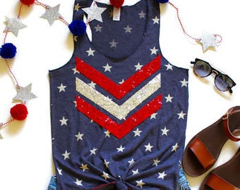Camiseta sin mangas con estrellas y lentejuelas, camisa Chevron del 4 de julio