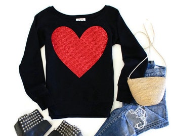 Valentines Day Shirt / Sequin Top / Heart Sweater / Love / Off Shoulder / Women's Sweatshirt / Valentine Gift / Gift for Girlfriend / Wife