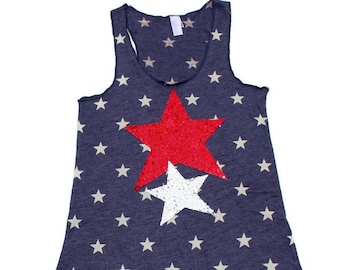 Camiseta sin mangas con lentejuelas y estrellas del 4 de julio: camiseta con la bandera patriótica estadounidense
