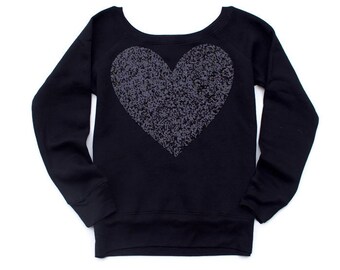 Valentines Day Shirt / Gift / Sequin Top / Heart / Sweatshirt / Gift for Women / Her / Black Heart / Off the Shoulder / Plus Size Clothing