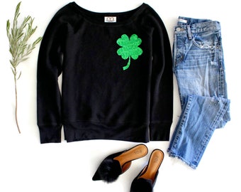 St Patricks Day Shirt Women / Sequin Patch / Shamrock Pocket Patch / Four Leaf Clover Sweatshirt / Off the Shoulder / St Patricks Day / Cute