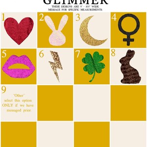 May include: A grid of nine squares with different glitter designs. The designs include a heart, bunny, crescent moon, female symbol, lips, lightning bolt, four-leaf clover, rabbit, and a text box that says "Other" select this option ONLY if we have messaged prior.