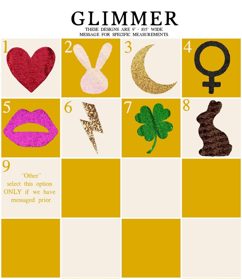 May include: A grid of nine squares with different glitter designs. The designs include a heart, bunny, crescent moon, female symbol, lips, lightning bolt, four-leaf clover, rabbit, and a text box that says "Other" select this option ONLY if we have messaged prior.