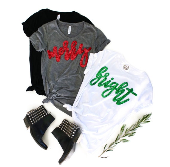 Sequin Merry and Bright Christmas Shirts Gifts for Women Friends Shirt Friendship Gift Best Friend Gift Mother Daughter T Shirt