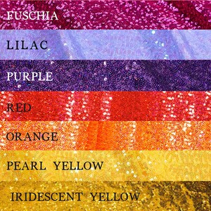 May include: A swatch card showing different colors of sequins. The colors are white, iridescent silver, silver, iridescent pink, champagne pink, pearl pink, neon pink, fuchsia, lilac, purple, red, orange, pearl yellow, iridescent yellow, gold, green, aqua, pearl blue, royal blue, navy blue, and black.