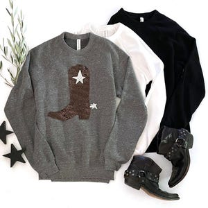 Sequin Cowgirl Boot Top or Sweatshirt for Women – Western Style Horse Tee, Southern Girl Graphic Top, Country Music Outfit, Gift for Her