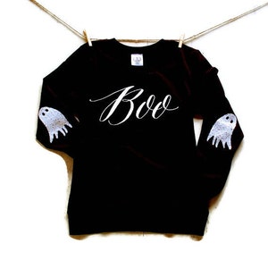 Womens Halloween Shirt / Off the Shoulder Sweatshirt / Boo / Ghost Elbow Patches / Sequin Top / Tumblr Clothing / Halloween Party Shirt image 1