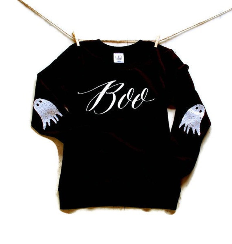 Womens Halloween Shirt / Off the Shoulder Sweatshirt / Boo / Ghost Elbow Patches / Sequin Top / Tumblr Clothing / Halloween Party Shirt image 1