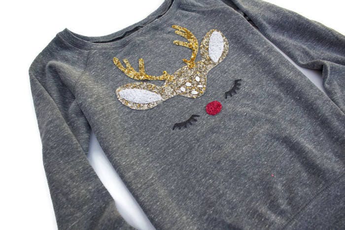 ShopLoveAndBambii Not Your Ugly Christmas Sweater Sequin Patch Reindeer Sweatshirt Gift for Women Off The Shoulder Holiday Sweatshirt Cute Shirt Women