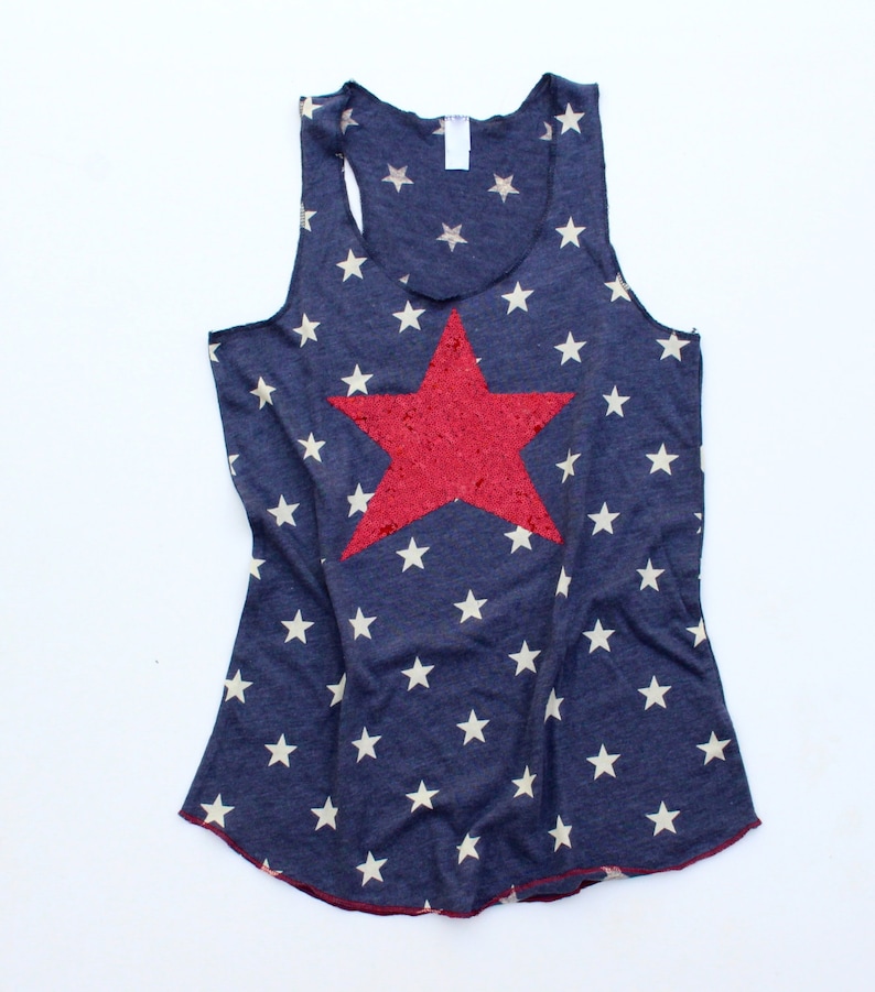 Star Tank / 4th of July Shirt / Sequin Top / Red White and Blue T-Shirt / Women's Fourth of July T Shirt / Cute Independence Day Tank Top image 2
