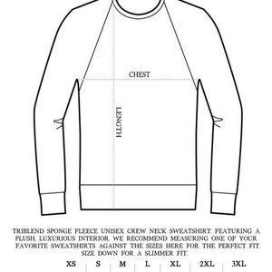 May include: Unisex sweatshirt size guide with a diagram of a sweatshirt and a chart showing chest and length measurements in inches for sizes XS to 3XL.