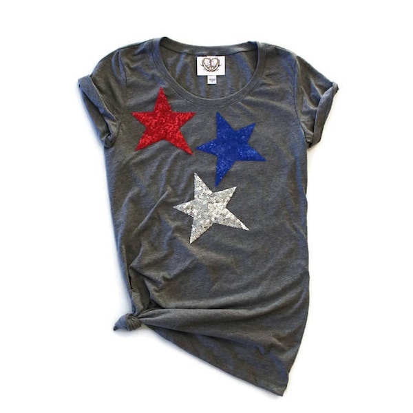 Star / Sequin 4th of July Shirts / Fourth of July Shirt Women / Star Appliques / Country Music Concert Tee / Red White and Blue  / Patriotic