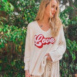 Limited Edition Valentines Day Shirt Women / Love Sweater / Sequin Shirt / Off the Shoulder  / Valentine Gift Her / Fluffy Sweater