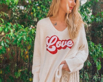 Limited Edition Valentines Day Shirt Women / Love Sweater / Sequin Shirt / Off the Shoulder  / Valentine Gift Her / Fluffy Sweater