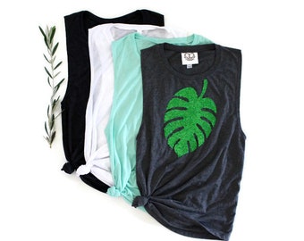 Tropical Sequin Patch Monstera Leaf Shirt. Crazy Plant Lady. Vacation Shirt Tank. Honeymoon. Palm Leaf Shirt. Bachelorette Party Tank Tee