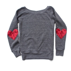 Valentines Day Shirt. Sequin Top. Heart Shirt. Heart Elbow Patches. Slouchy Sweatshirt. Off Shoulder. Plus Size Women. Gift for Her. Sweater