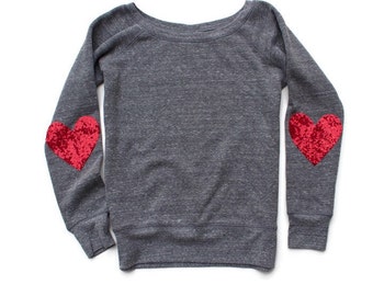 Valentines Day Shirt. Sequin Top. Heart Shirt. Heart Elbow Patches. Slouchy Sweatshirt. Off Shoulder. Plus Size Women. Gift for Her. Sweater